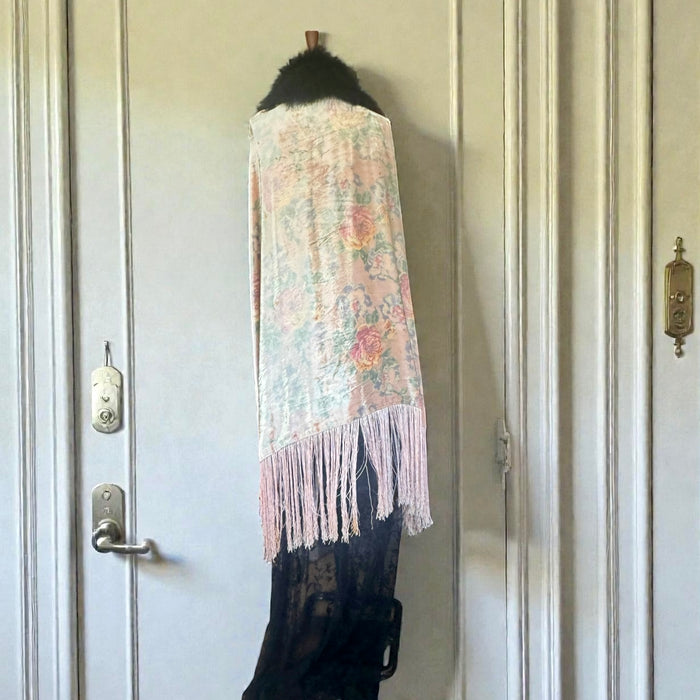 Wilma, 20s floral fringed velour cape with black feather collar and tie