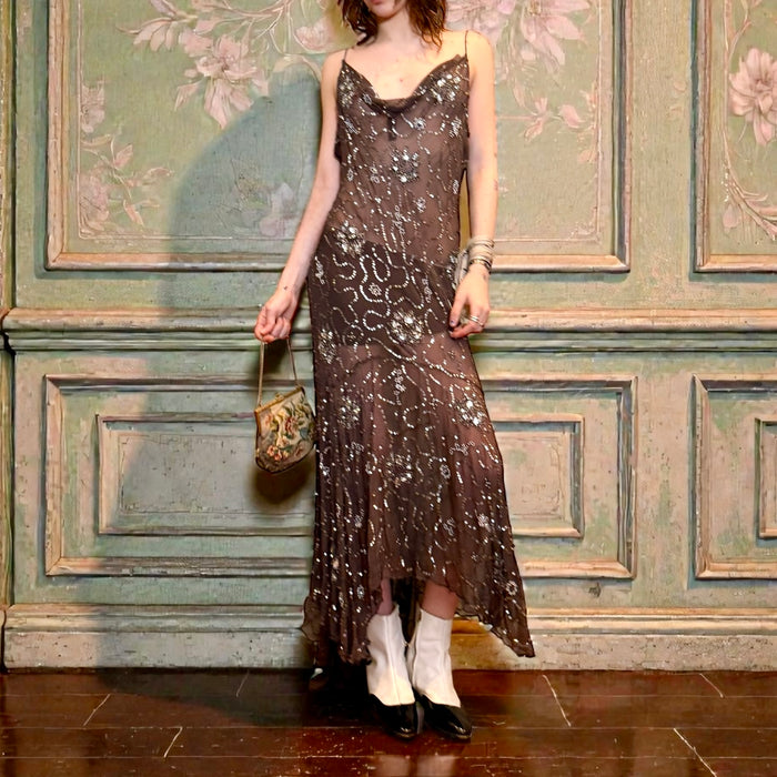 Aria, 90s anthracite silk bias cut beaded mermaid dress