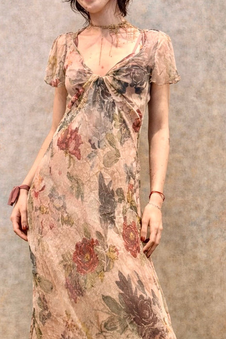 Serena, vintage silk chiffon floral bias cut short sleeve dress