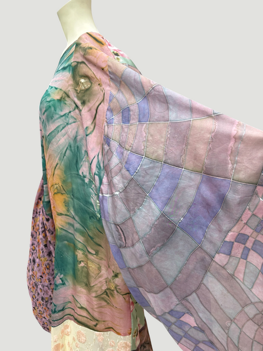 Aline, reworked silk 70s hand painted patchwork parachute kaftan