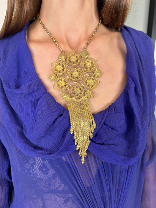 Jasmir, gold filigree fringed pendant necklace