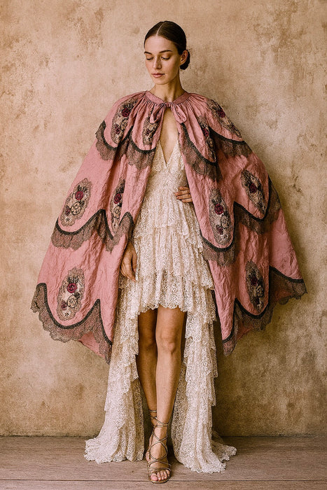 Troy, reworked Victorian silk floral and silver lace scalloped cape
