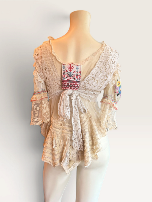 Paulina, reworked antique lace blouse with Romanian silk embroidered sleeves and collar
