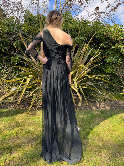 Stevie, 30s black net assymetric pleated gown
