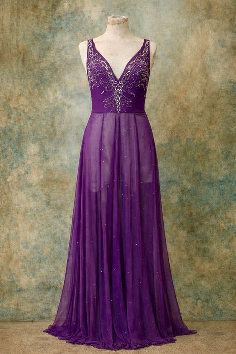 Dusty, 30s purple chiffon dress with green rhinestone and beaded front