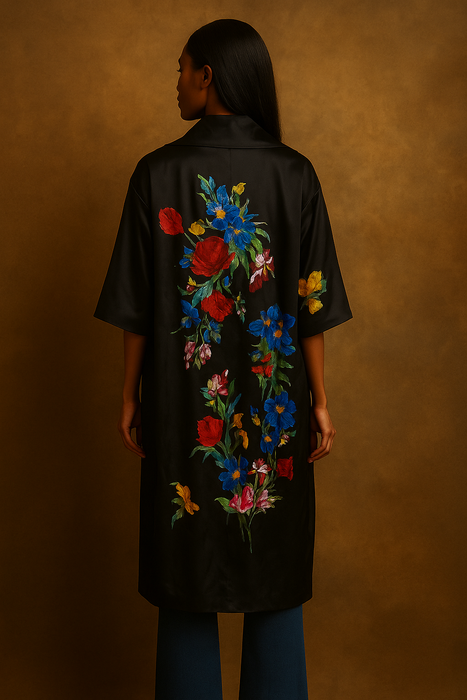 Fable, 20s silk black cocoon floral coat