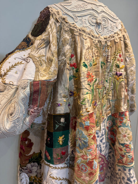 Traina, reworked Museum worthy Victorian, patchwork coat with original gold buttons