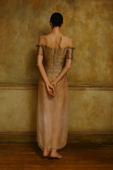 Zandra Rhodes, 70s gold lamé and chiffon draped dress with petal ombré skirt