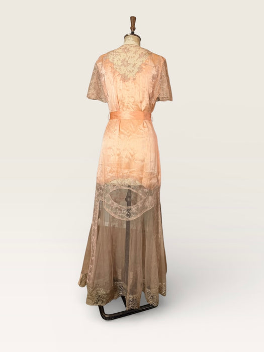 Patina, 30s peach silk and lace tulle belted wrap over dress/robe