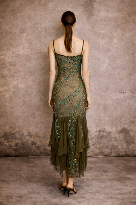 Tory, 90s beaded kaki green bias cut chiffon handkerchief dress