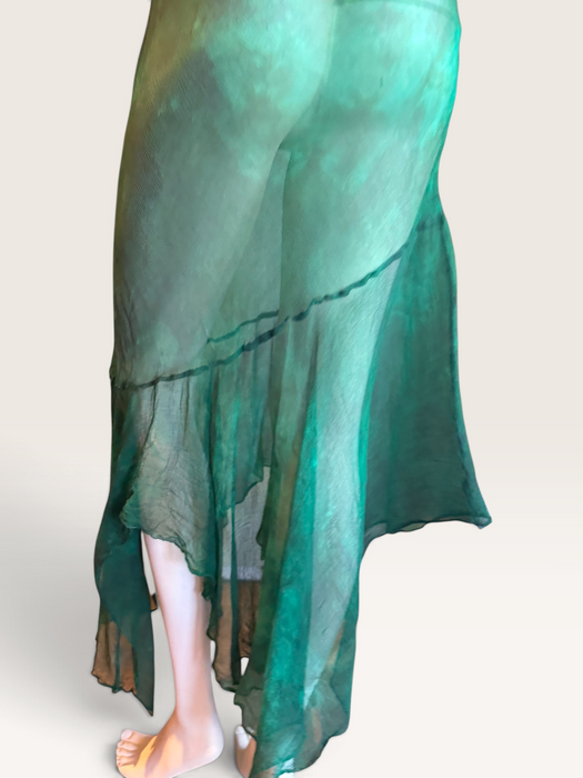 Ronda, hand dyed emerald green bias cut, asymmetric vintage chiffon beaded dress