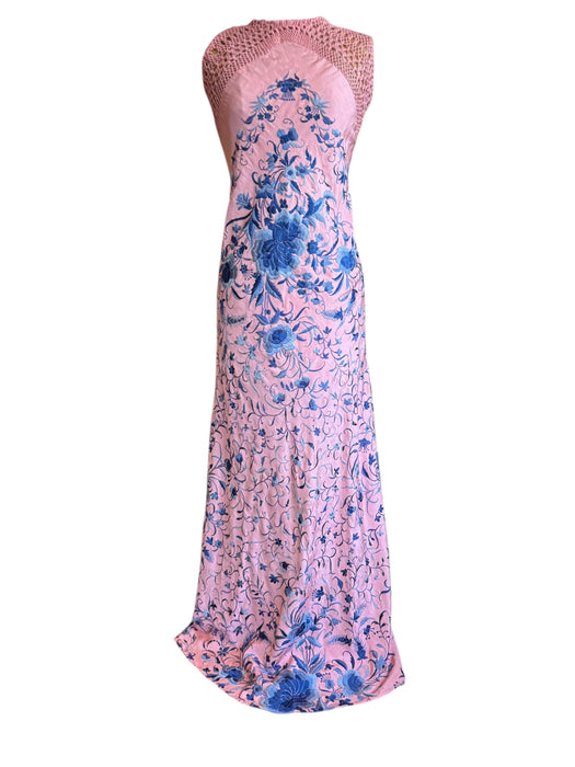 Lali, reworked 40s pink and blue fringed piano shawl embroidered dress