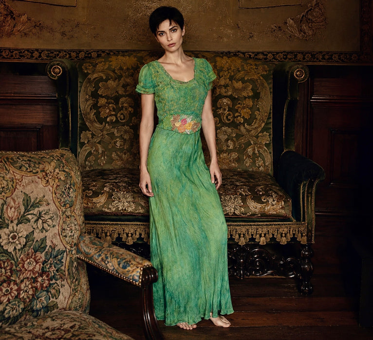 Bora, 1930s emerald green hand dyed silk bias cut dress with lace inserts and Victorian ribbon work florals