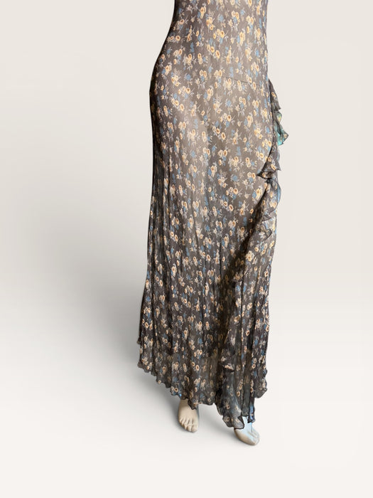 Bora, 90s silk chiffon bias cut floral, long frill dress