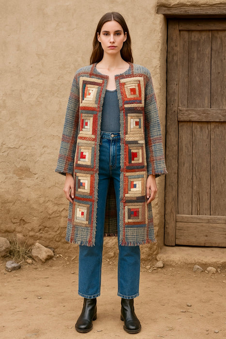 Moderna, 70s check blanket coat with Victorian patchwork design