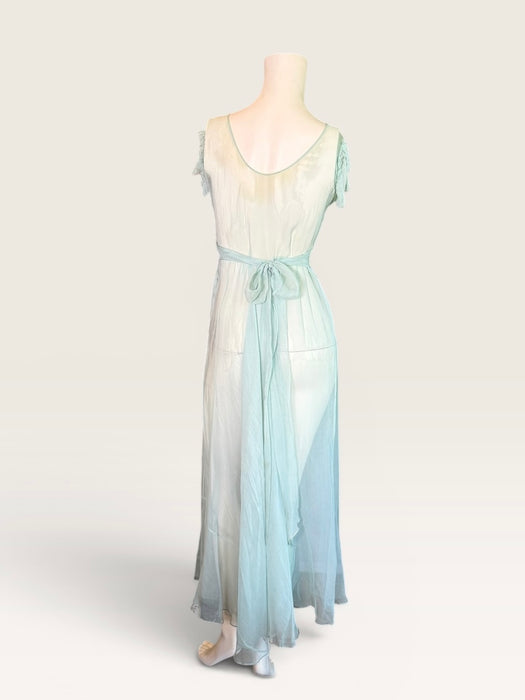 Ettore, original 30s pale blue silk chiffon dress with waist tie and frill shoulders
