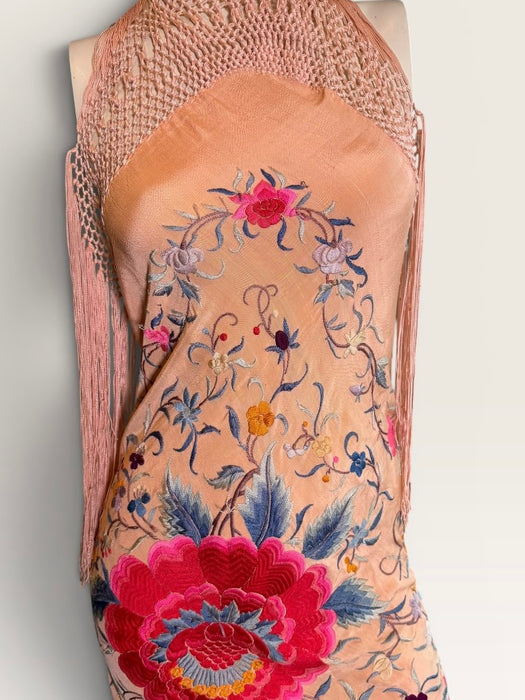 Mina, reworked 1940s silk embroidered fringed piano shawl dress