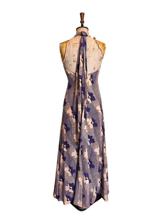 Mary, 70s silk floral print halter dress, bolero and belt