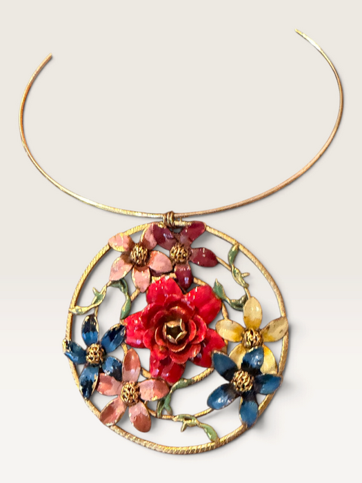 Jasmir, hand painted Victorian floral circular pendant on a thin gold choker