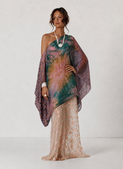 Aline, reworked silk 70s hand painted patchwork parachute kaftan