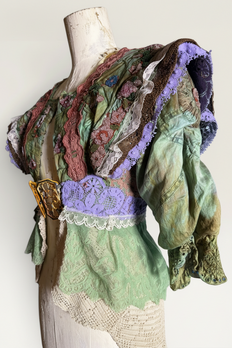 Monique, reworked Victorian hand dyed cotton and beaded lace jacket with art deco clasp