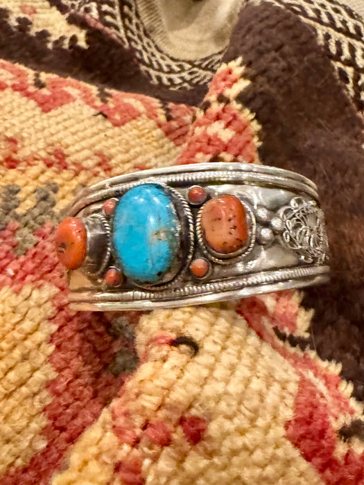 Layla, antique silver Native American turquoise and coral cuff