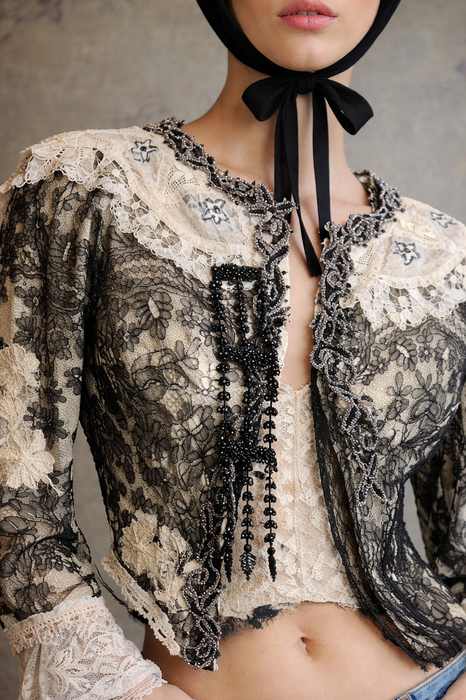 Perry, embellished Victorian lace jacket with hand painted motif