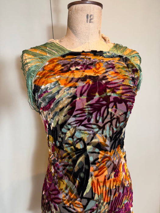 Radcliffe, reworked 20s silk devoré floral fringed dress