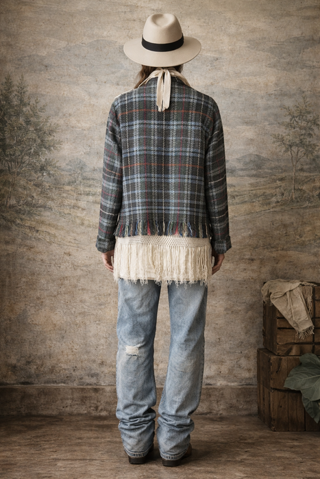 Tais, reworked 70s checked blanket with lace pockets and 20s glove