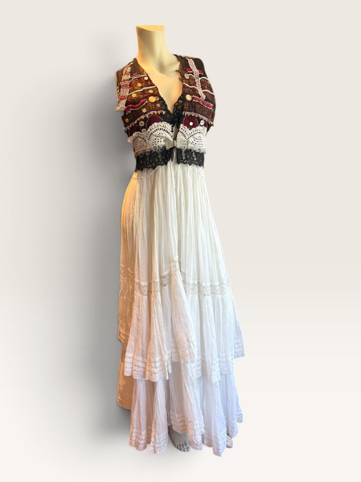 Natalia, reworked Victorian tiered skirt and Afghan beaded dress