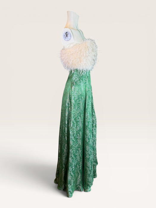Monica, reworked 1920s green floral lamé gown with cream ostrich feather bust