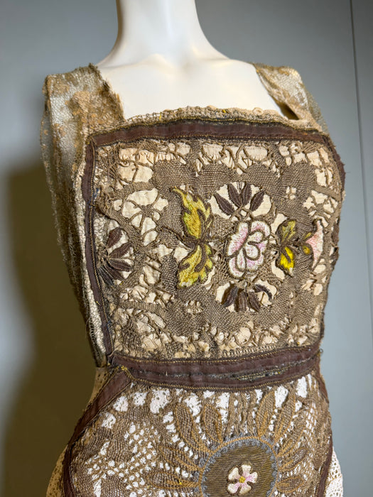 Miter, reworked 1920s French gold lamé and lace dress with Edwardian embroidery