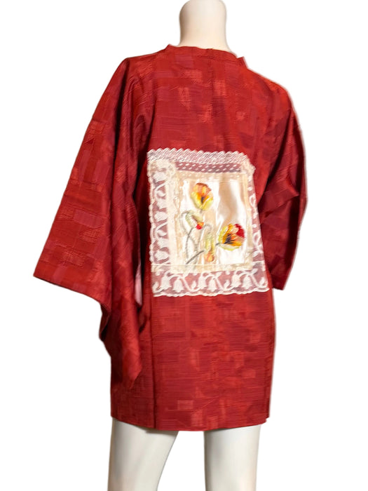 Tales, 40s a Japanese silk damask burnt orange kimono jacket with Victorian floral and lace motifs