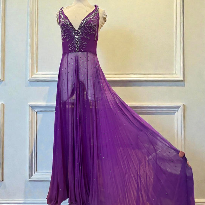 Dusty, 30s purple chiffon dress with green rhinestone and beaded front
