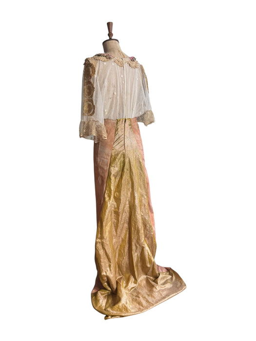 Aurora, reworked 18th C embroidered and lace dress