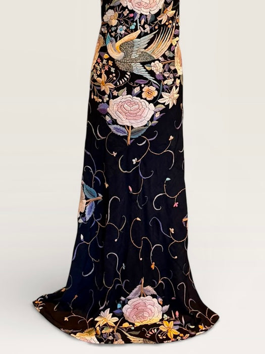 Angel, reworked 30s silk embroidered piano shawl bias cut dress