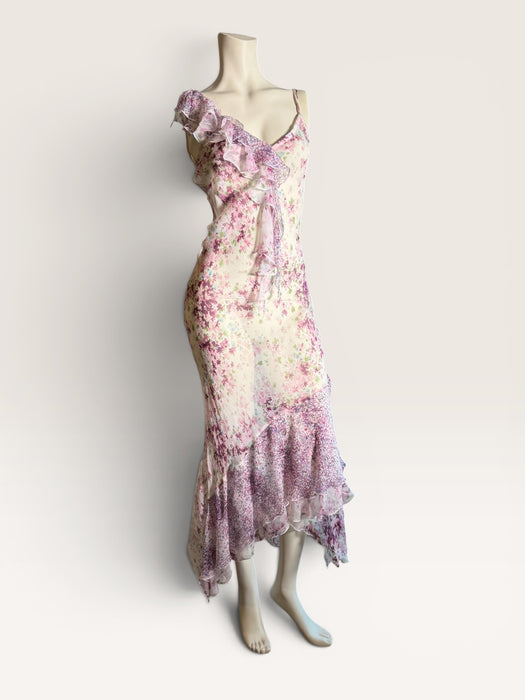 Lilly, 90s silk chiffon floral, bias cut frill dress