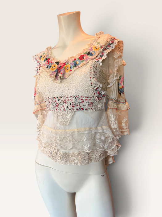 Paulina, reworked antique lace blouse with Romanian silk embroidered sleeves and collar