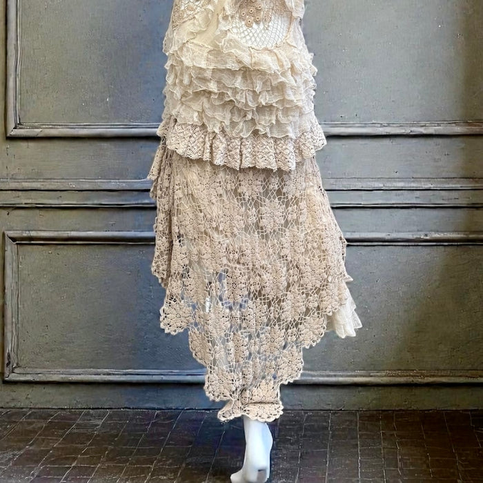 Darcy, vintage muslin and crochet tiered asymmetric dress