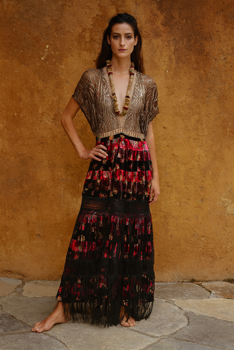 Melo, reworked 20s Assuit, velevet and fringed dress