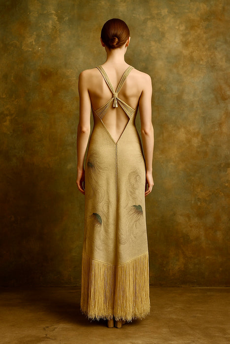 Martina, reworked 20s gold print lamé fringed dress
