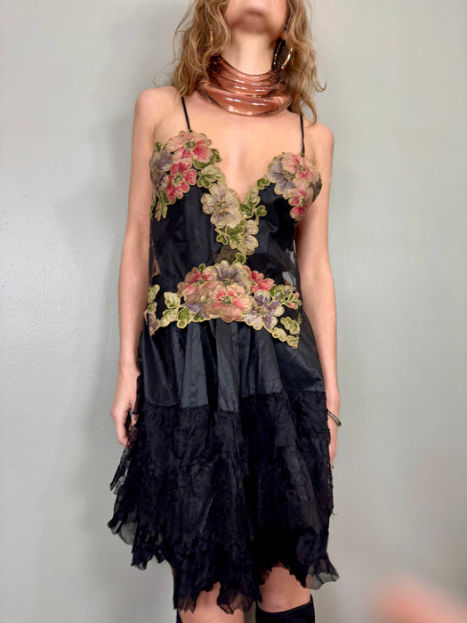 Sarita, reworked floral and Victorian silk frill skirt dress