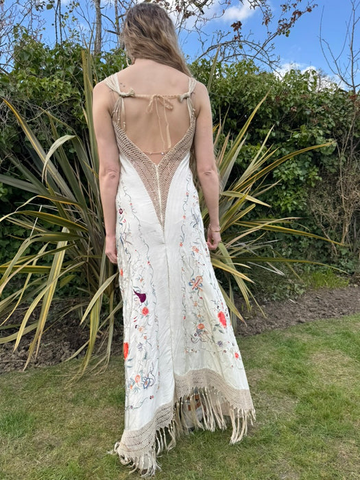 Caprice, reworked 40s silk embroidered floral shawl dress