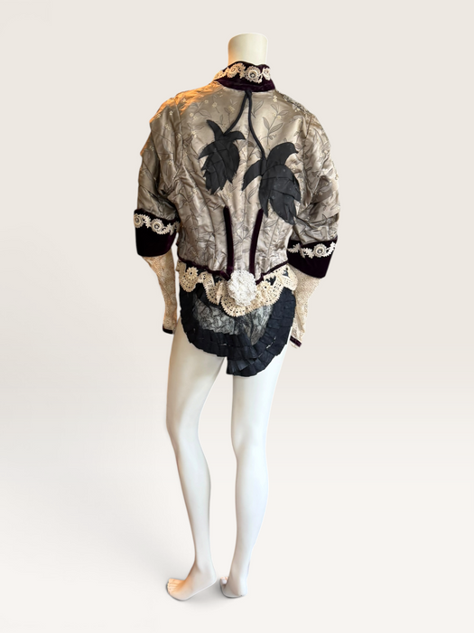 Carlotta, reworked Victorian silk damask and lace boned beaded jacket