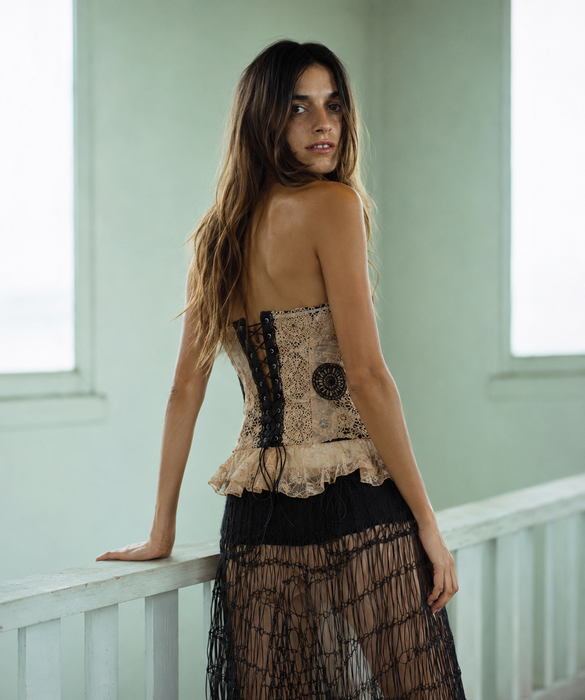 Forrest, reworked 40s boned corset with handmade Victorian lace, 20S Beading and silver Victorian filigree pendant