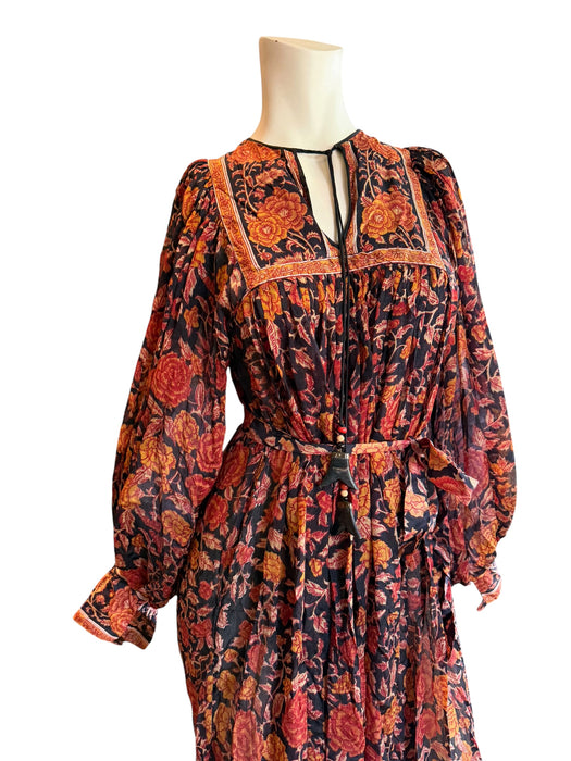 Anchor, 70s silk Indian block print balloon sleeves belted dress
