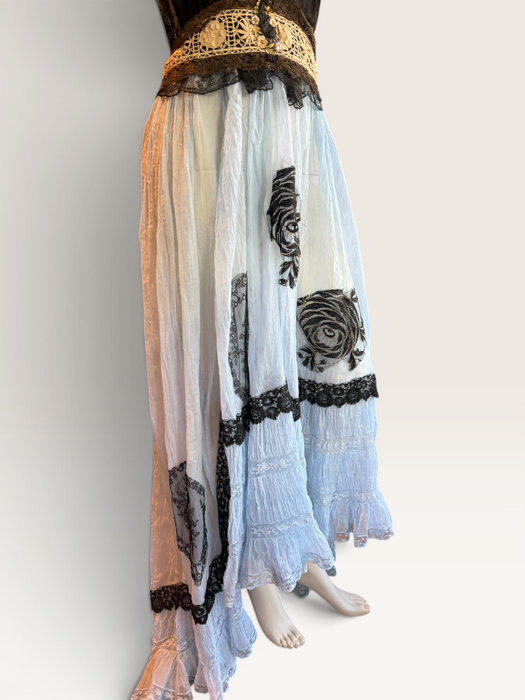 Portia, hand dyed Victorian pale blue cotton and black Chantilly lace dress