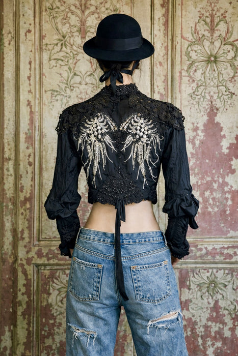 Raine, embellished Victorian silk and beaded silk black jacket