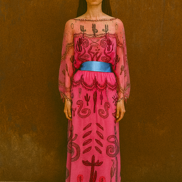 Zandra Rhodes, S/S 1976 Cactus and Cowboy collection chiffon print dress with sash