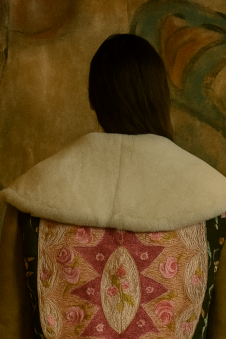 Paula, 80s sheepskin double breasted embroidered jacket